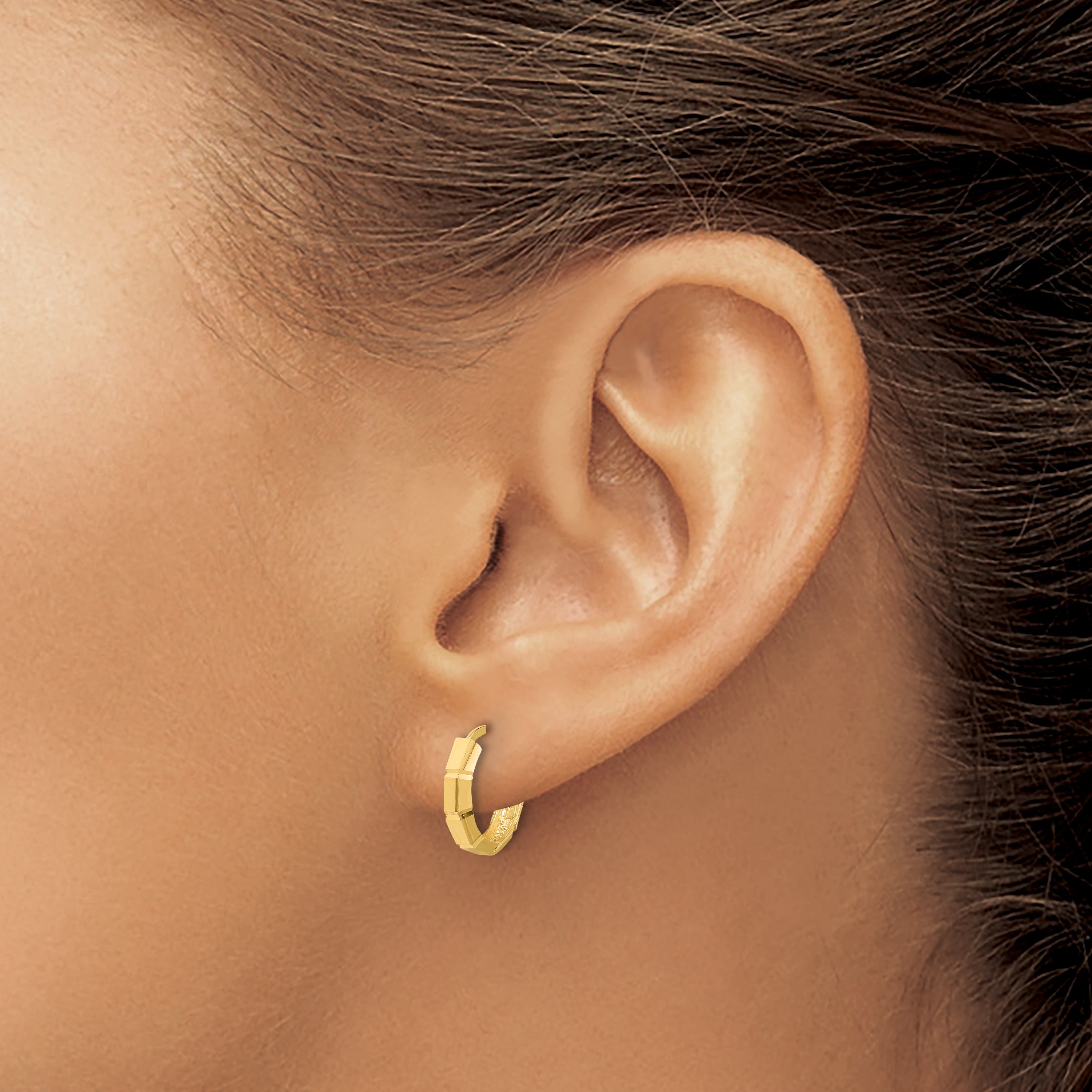 14K Yellow Gold Polished And Diamond Cut Huggie Hoop Earrings