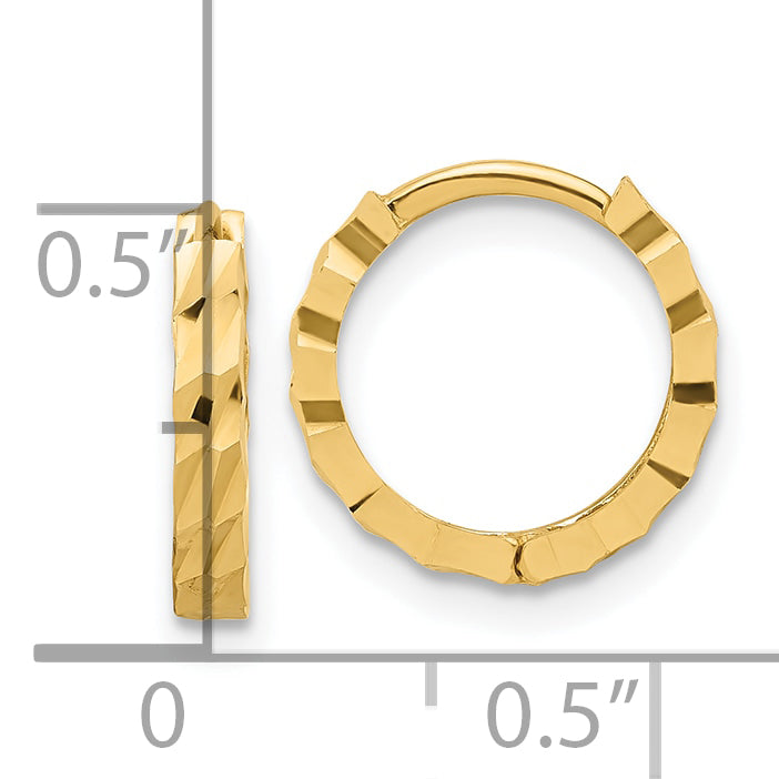 14K Yellow Gold Polished And Diamond Cut Huggie Hoop Earrings