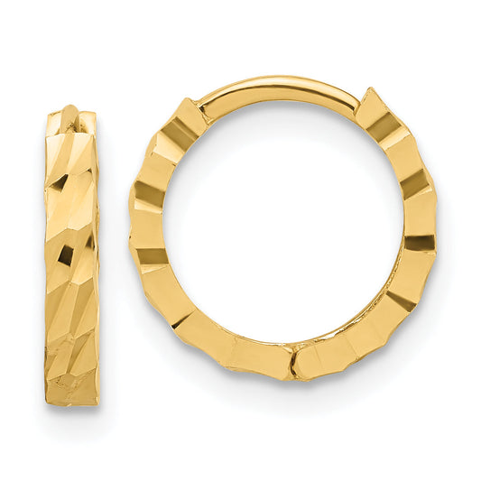 14K Yellow Gold Polished And Diamond Cut Huggie Hoop Earrings