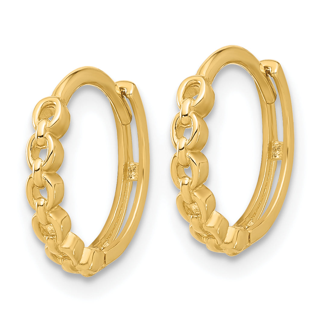 14K Yellow Gold Polished Round Link Pattern Huggie Hoop Earrings
