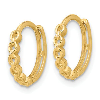 14K Yellow Gold Polished Round Link Pattern Huggie Hoop Earrings