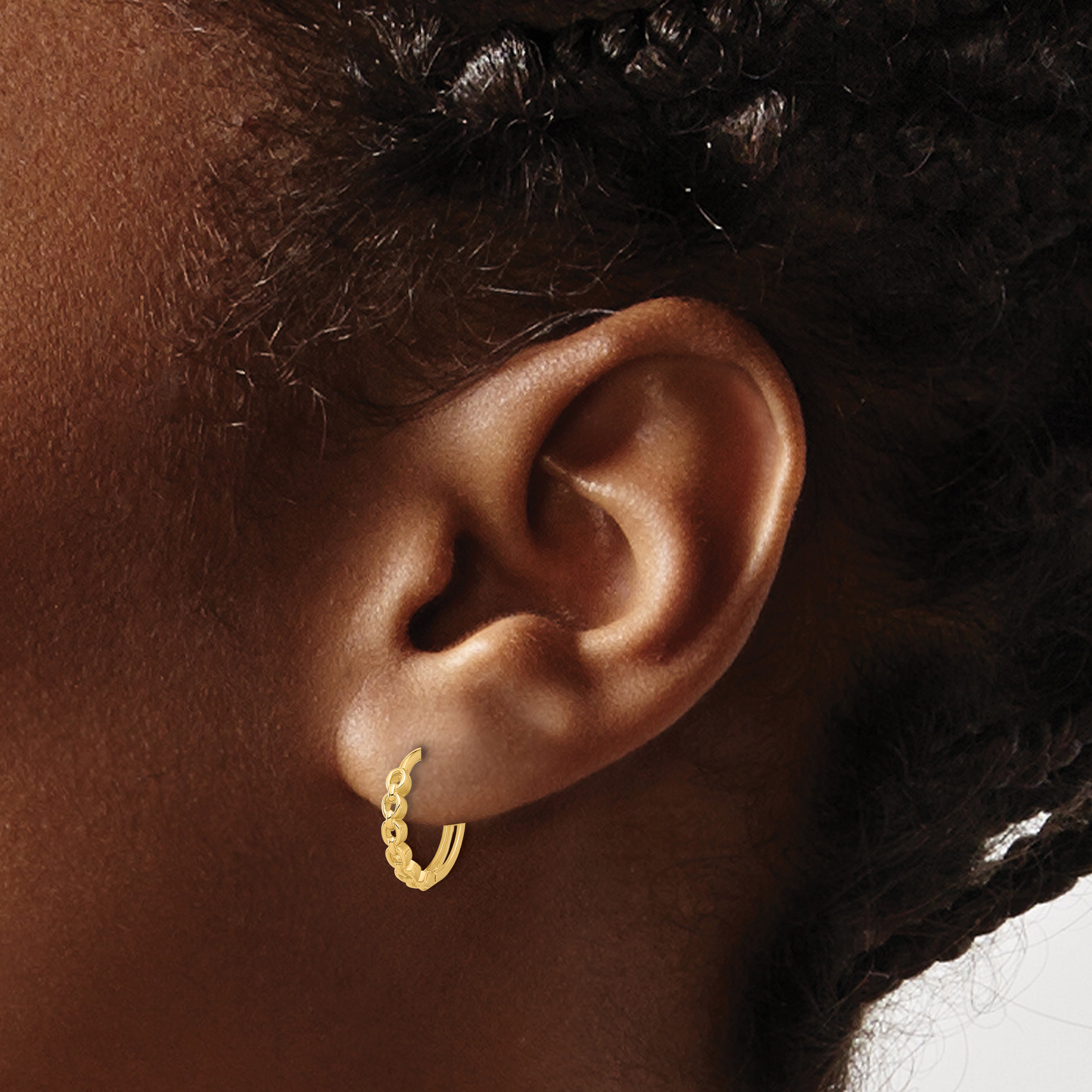 14K Yellow Gold Polished Round Link Pattern Huggie Hoop Earrings
