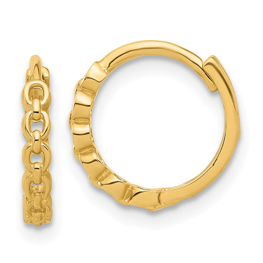 14K Yellow Gold Polished Round Link Pattern Huggie Hoop Earrings