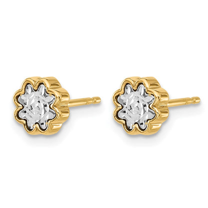 14K Two Tone Polished And Diamond Cut Flower Post Earrings