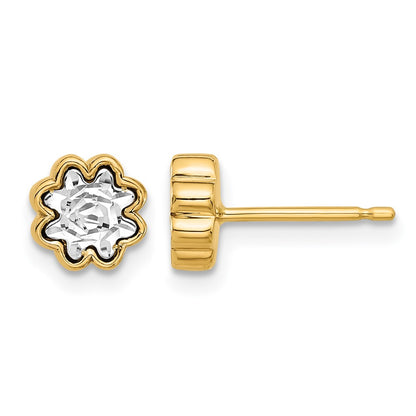 14K Two Tone Polished And Diamond Cut Flower Post Earrings