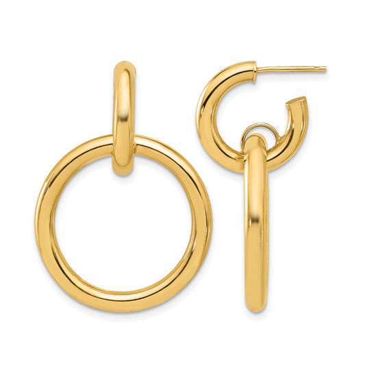 14K Yellow Gold Polished Circle Dangle Hoop Post Earrings