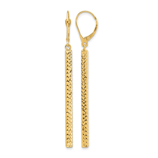 14K Yellow Gold Polished And Diamond Cut Bar Dangle Leverback Earrings
