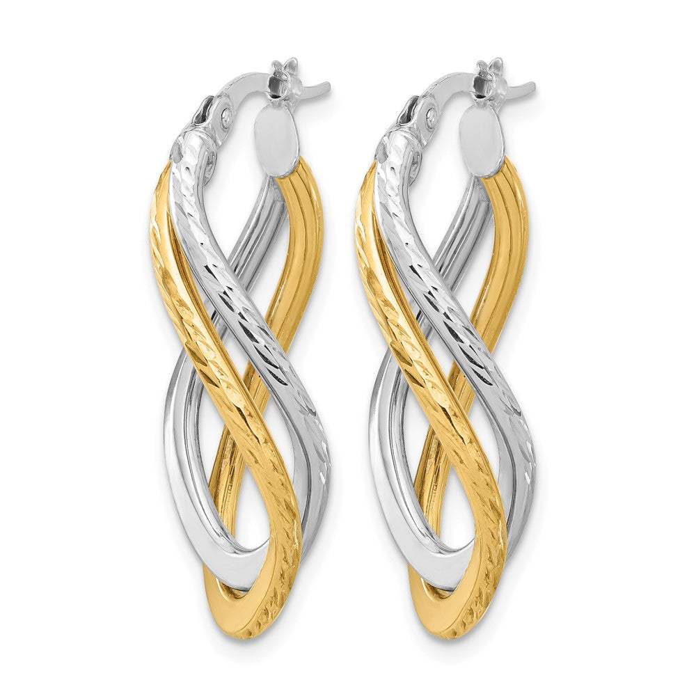 14K Yellow & Rhodium With Polished And Diamond Cut Twist Hoop Earrings