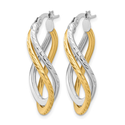 14K Yellow & Rhodium With Polished And Diamond Cut Twist Hoop Earrings