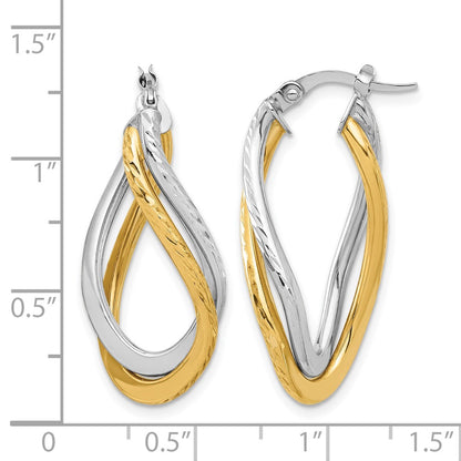 14K Yellow & Rhodium With Polished And Diamond Cut Twist Hoop Earrings