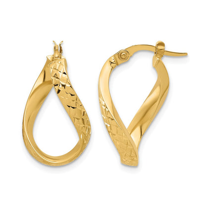 14K Yellow Gold Polished And Diamond Cut Twist Hoop Earrings