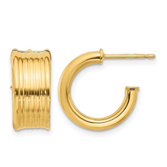 14K Yellow Gold Polished And Grooved J Hoop Post Earrings