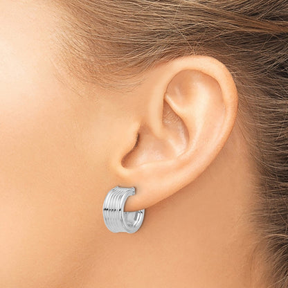 14K Yellow & Rhodium W/ White Rh Plating Polished And Grooved J Hoop Post Earrings