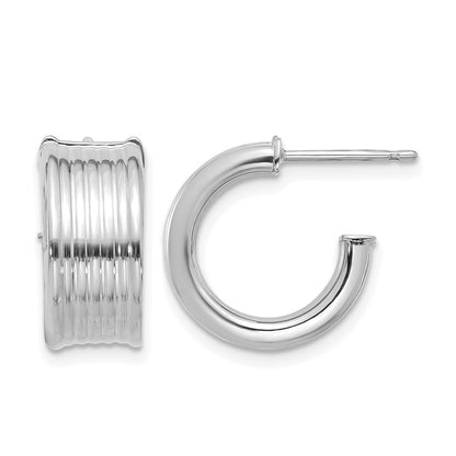 14K Yellow & Rhodium W/ White Rh Plating Polished And Grooved J Hoop Post Earrings