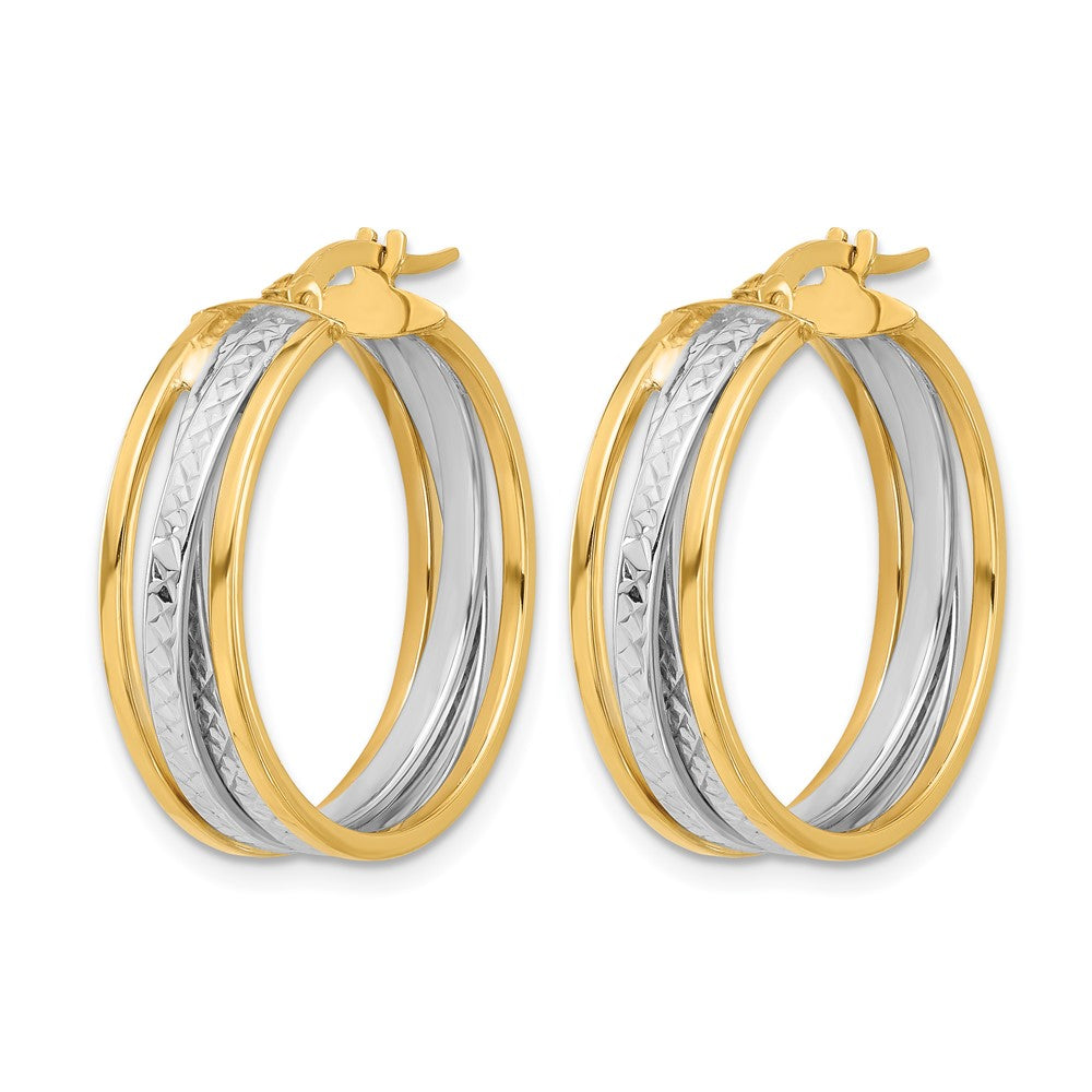 14K Yellow & Rhodium With Polished And Diamond Cut Hoop Earrings