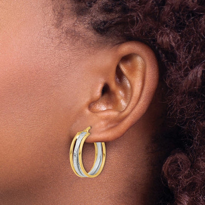14K Yellow & Rhodium With Polished And Diamond Cut Hoop Earrings