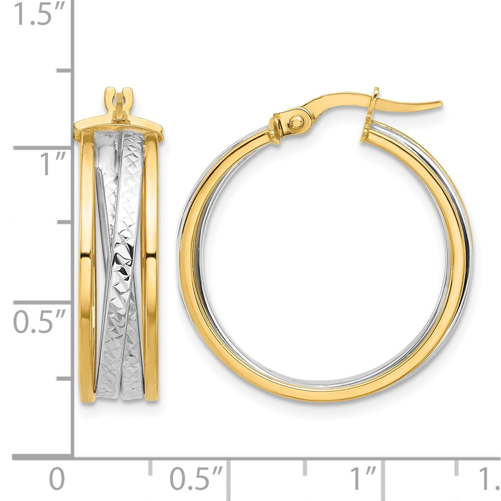 14K Yellow & Rhodium With Polished And Diamond Cut Hoop Earrings