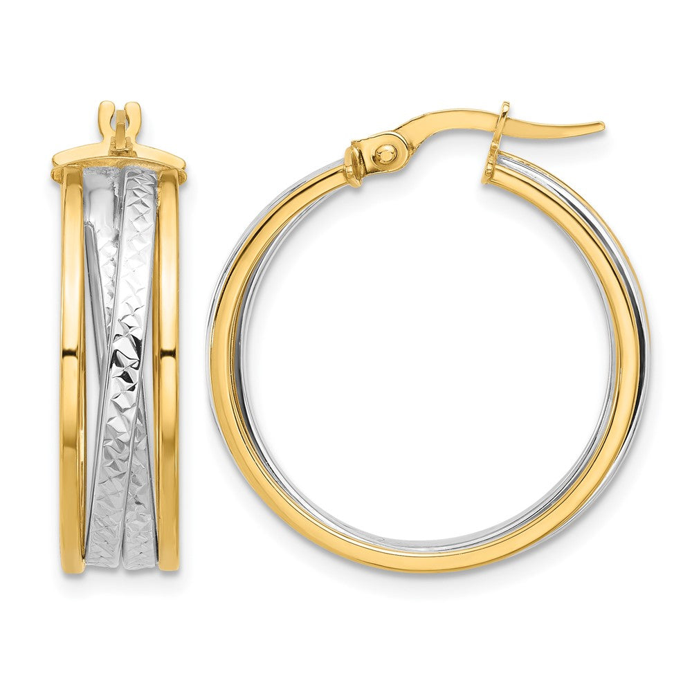 14K Yellow & Rhodium With Polished And Diamond Cut Hoop Earrings
