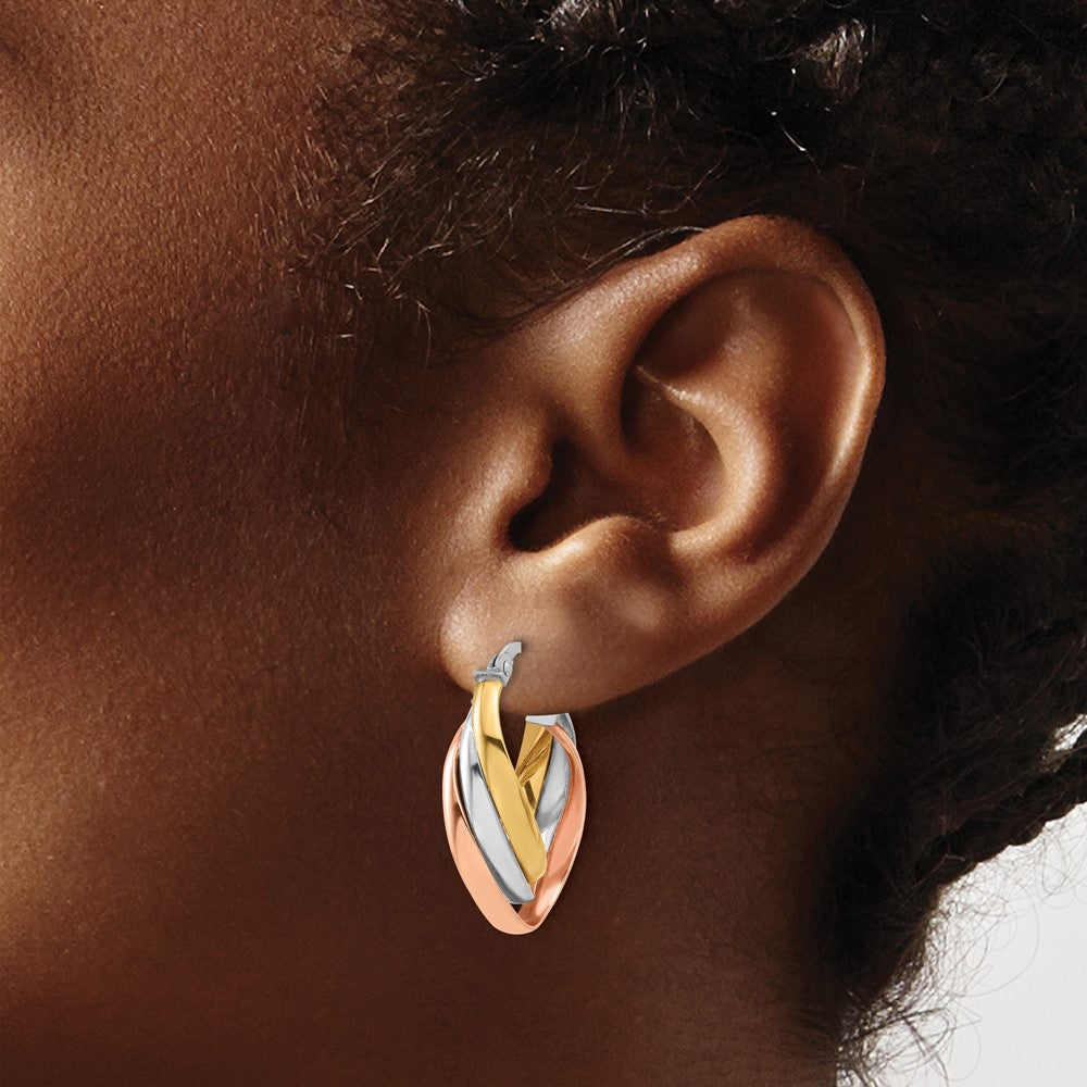 14K Yellow & Rhodium W/ White Rhod Rose Gold Plating Polished Twist Hoop Earrings