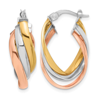 14K Yellow & Rhodium W/ White Rhod Rose Gold Plating Polished Twist Hoop Earrings