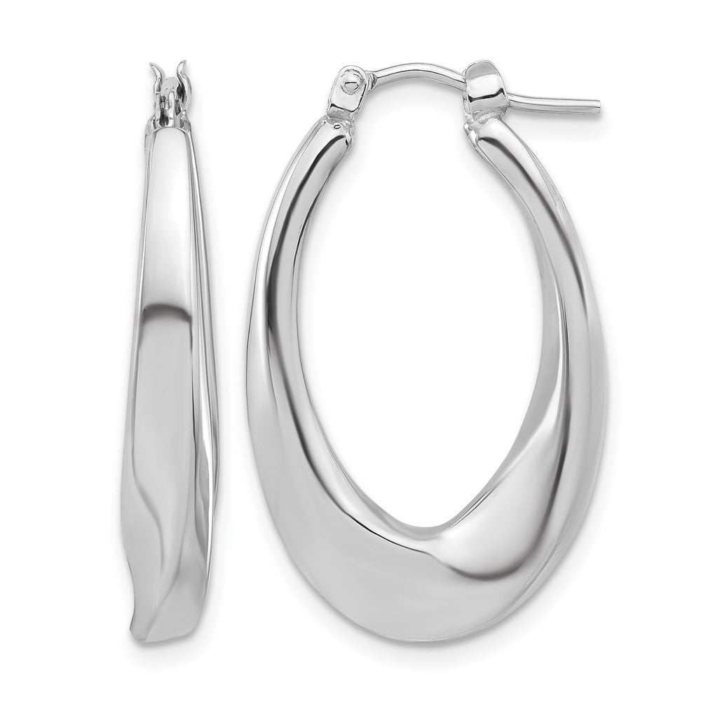 14K White Gold Polished Hollow Oval Twist Hoop Earrings