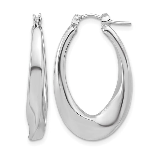 14K White Gold Polished Hollow Oval Twist Hoop Earrings
