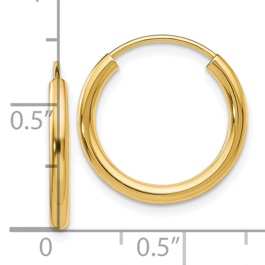 14K Yellow Gold Polished Round Endless 2mm Hoop Earrings