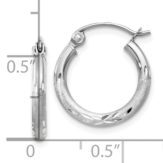 14K White Gold Satin And D/C 2mm Round Hoop Earrings