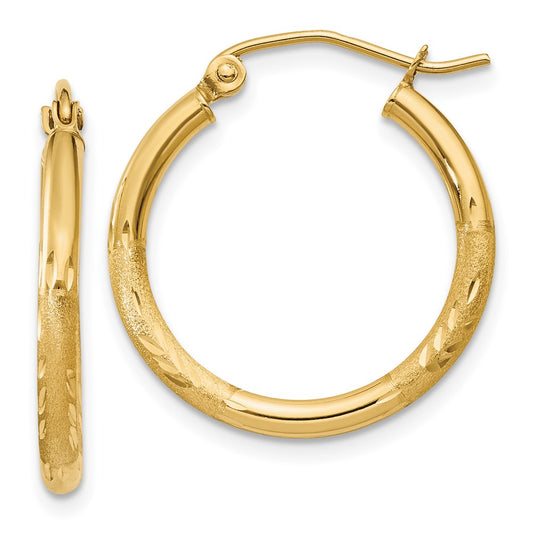 14K Yellow Gold Satin And D/C 2mm Round Tube Hoop Earrings