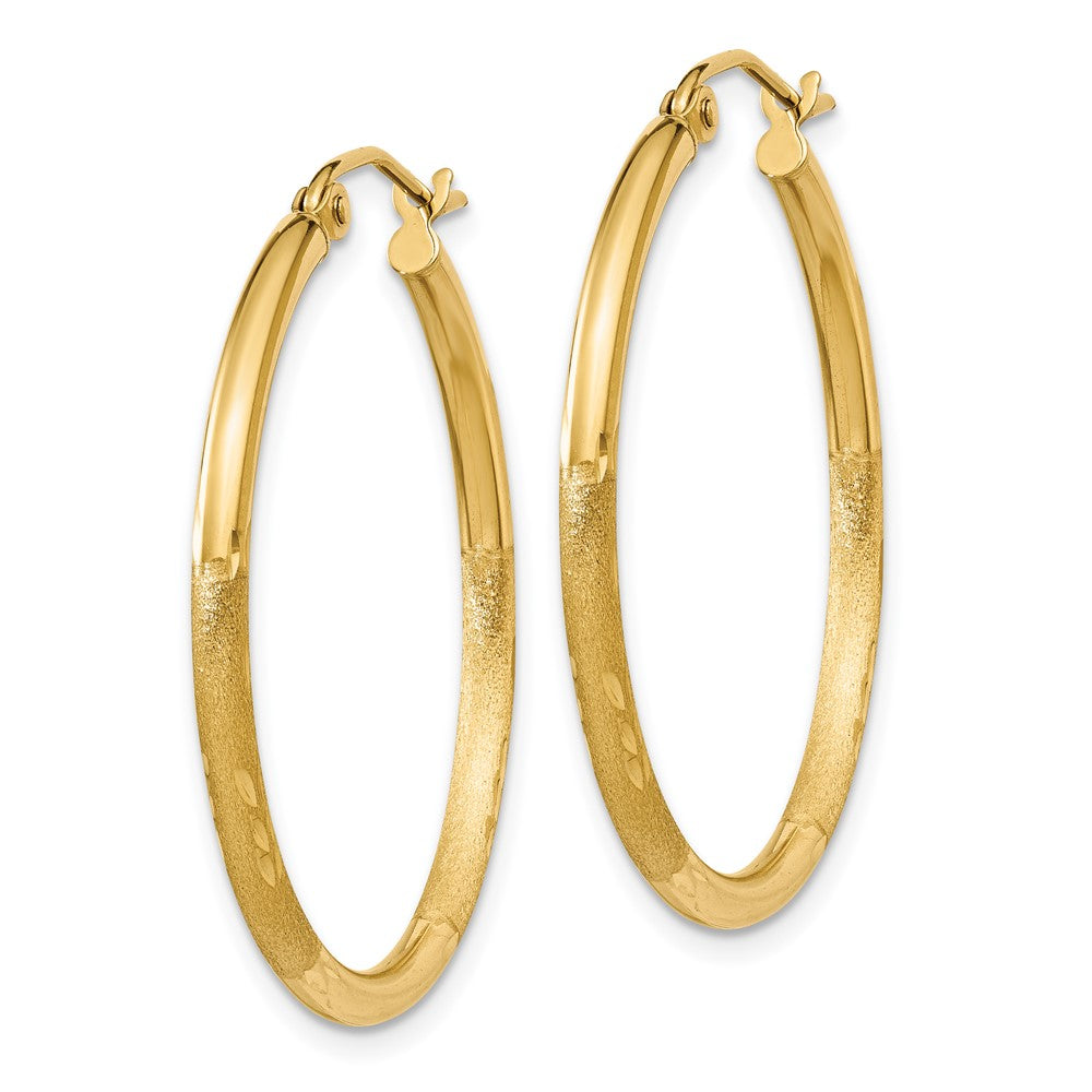 14K Yellow Gold Satin And D/C 2mm Round Tube Hoop Earrings