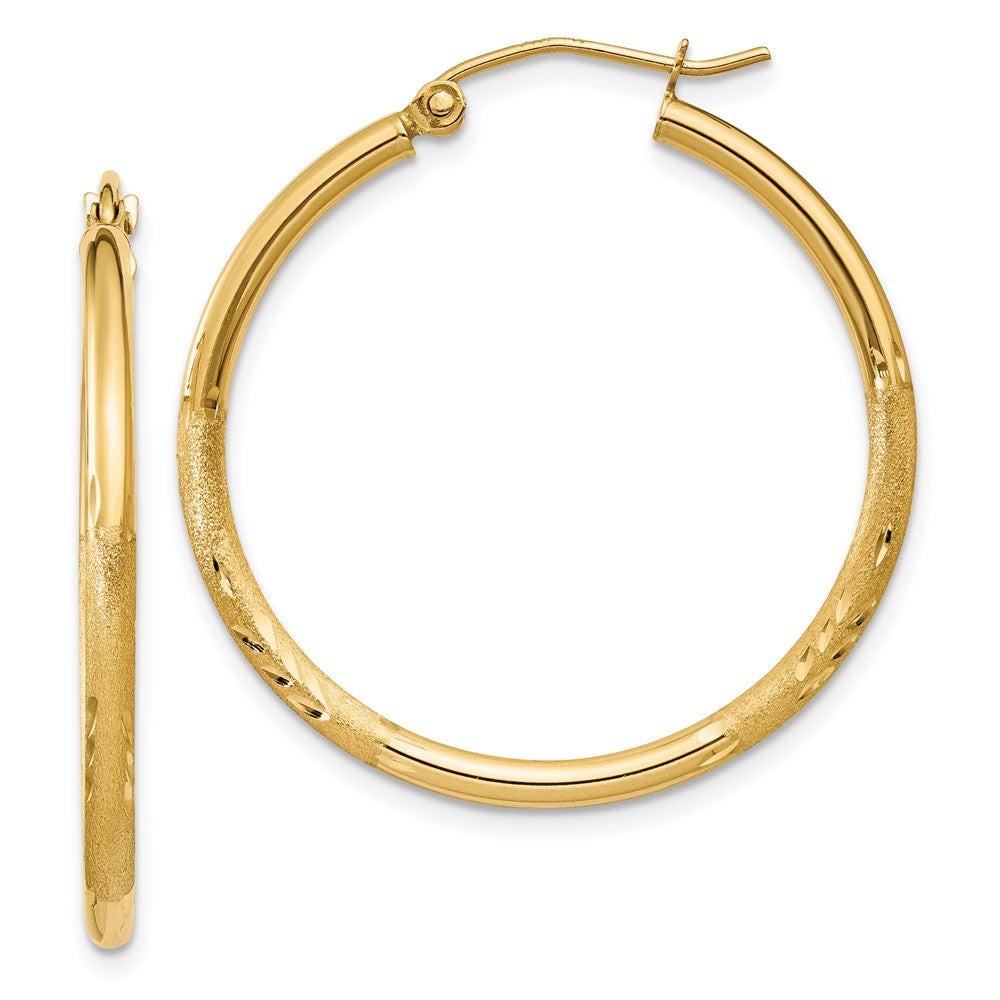 14K Yellow Gold Satin And D/C 2mm Round Tube Hoop Earrings