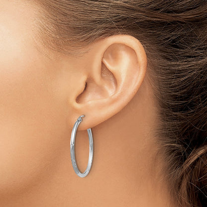 14K White Gold Satin And D/C 2mm Round Hoop Earrings