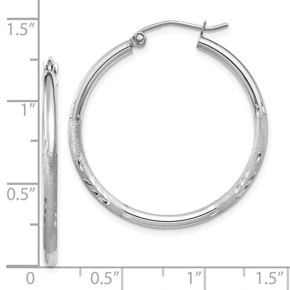 14K White Gold Satin And D/C 2mm Round Hoop Earrings
