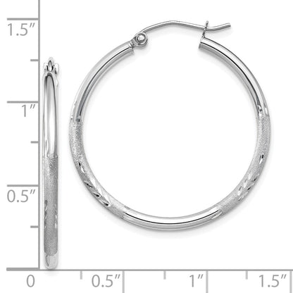 14K White Gold Satin And D/C 2mm Round Hoop Earrings