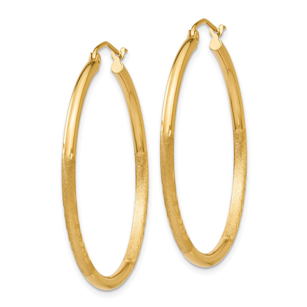 14K Yellow Gold Satin And D/C 2mm Round Tube Hoop Earrings
