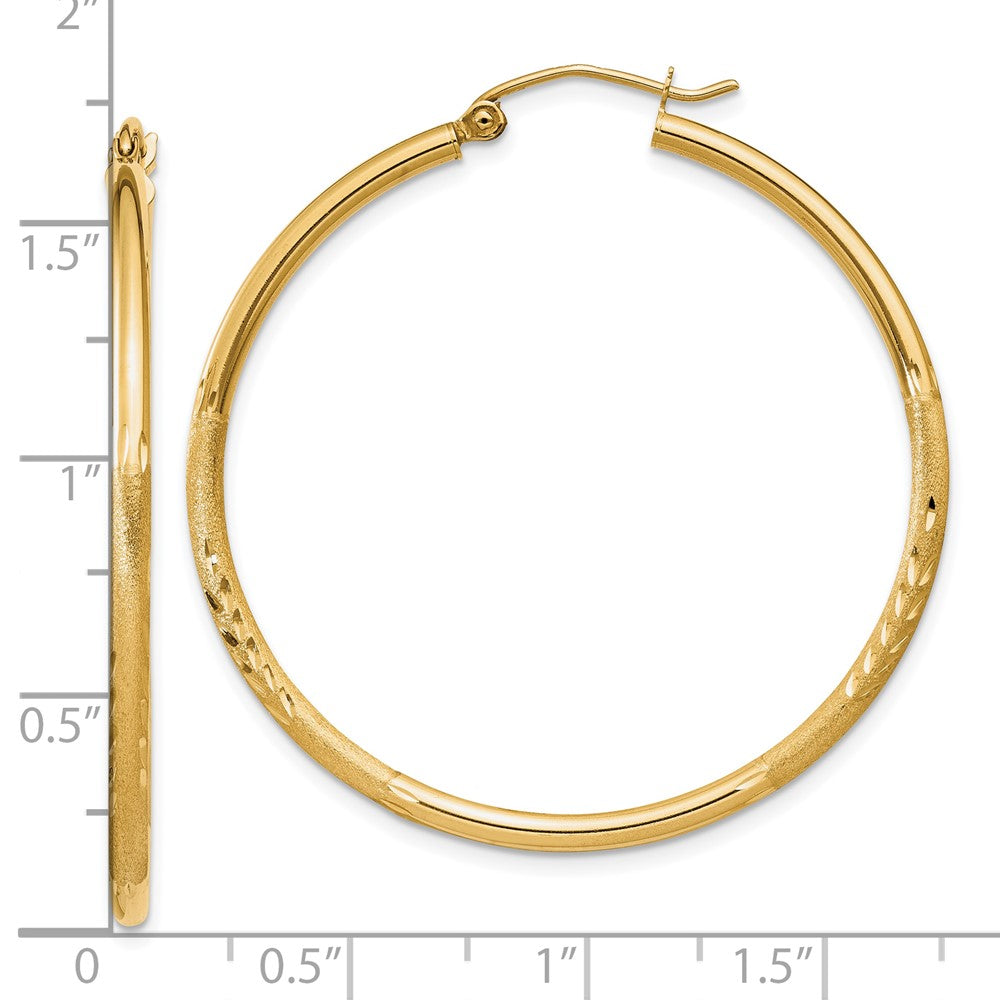 14K Yellow Gold Satin And D/C 2mm Round Tube Hoop Earrings