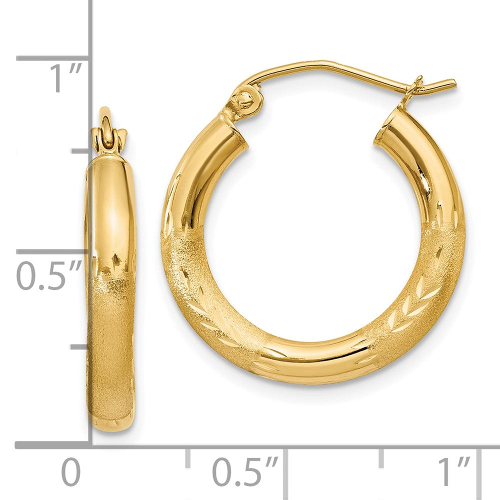 14K Yellow Gold Satin And D/C 3mm Round Hoop Earrings