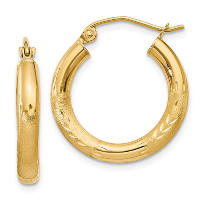 14K Yellow Gold Satin And D/C 3mm Round Hoop Earrings