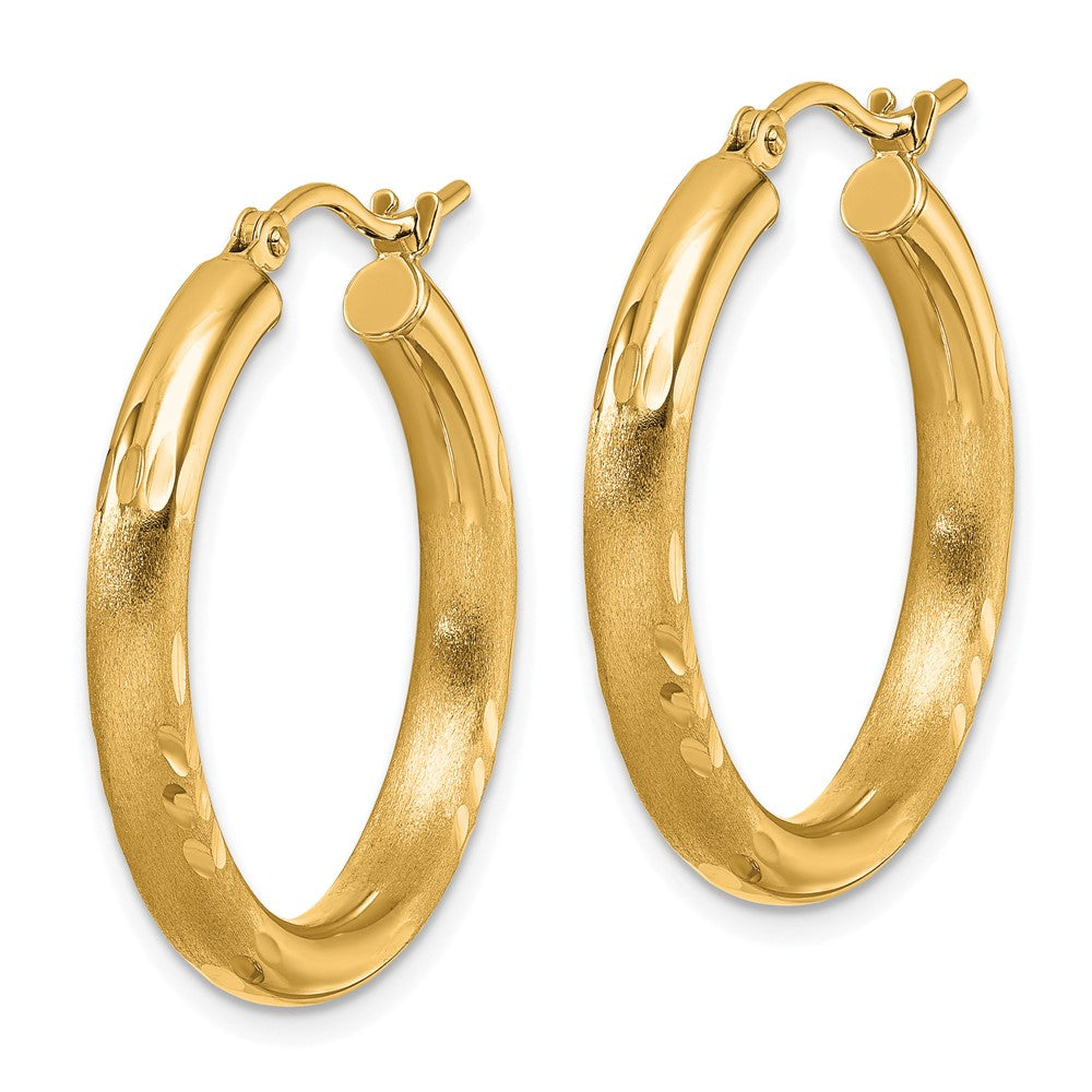 14K Yellow Gold Satin And D/C 3mm Round Hoop Earrings