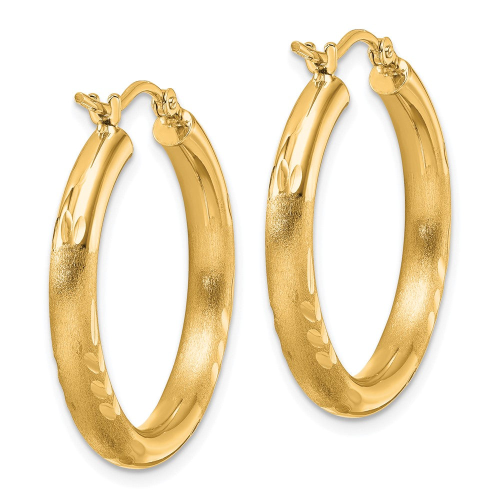 14K Yellow Gold Satin And D/C 3mm Round Hoop Earrings