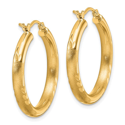 14K Yellow Gold Satin And D/C 3mm Round Hoop Earrings