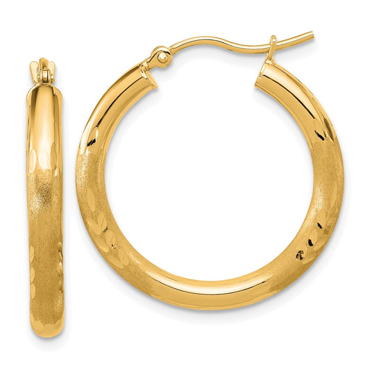 14K Yellow Gold Satin And D/C 3mm Round Hoop Earrings
