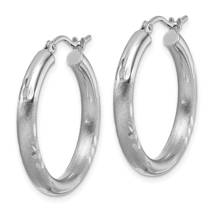 14K White Gold Satin And D/C 3mm Round Hoop Earrings