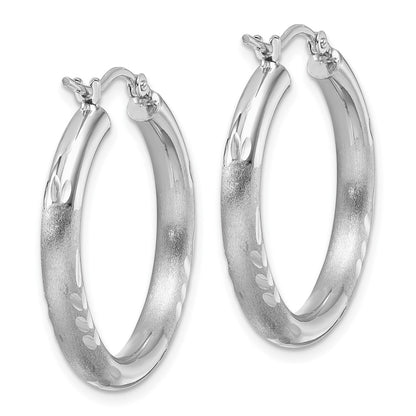 14K White Gold Satin And D/C 3mm Round Hoop Earrings