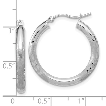 14K White Gold Satin And D/C 3mm Round Hoop Earrings