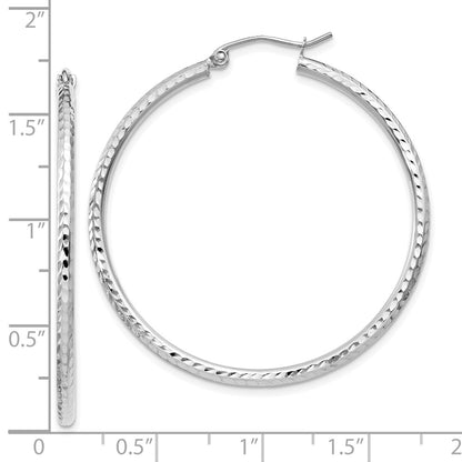 14K White Gold Diamond Cut 2mm Round Tube Hoop Earrings