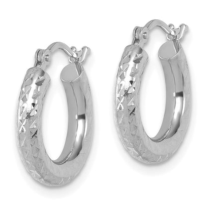14K White Gold Diamond Cut 3mm Round Hoop Earrings
