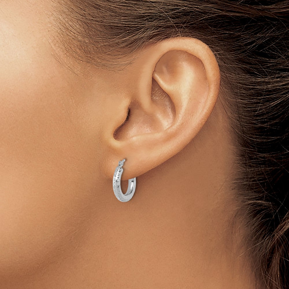 14K White Gold Diamond Cut 3mm Round Hoop Earrings