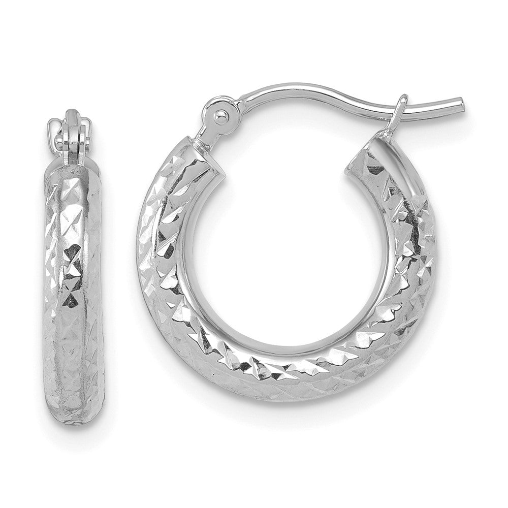 14K White Gold Diamond Cut 3mm Round Hoop Earrings