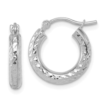 14K White Gold Diamond Cut 3mm Round Hoop Earrings